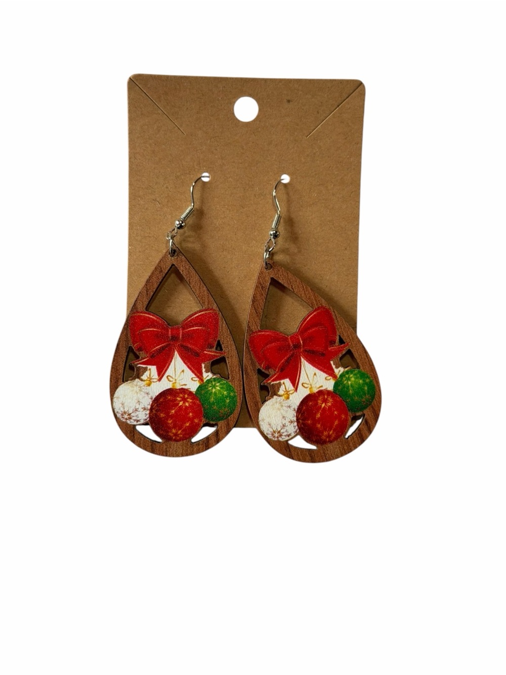 Festive Red Bow Wooden Teardrop Earrings - Holiday Ornament Design